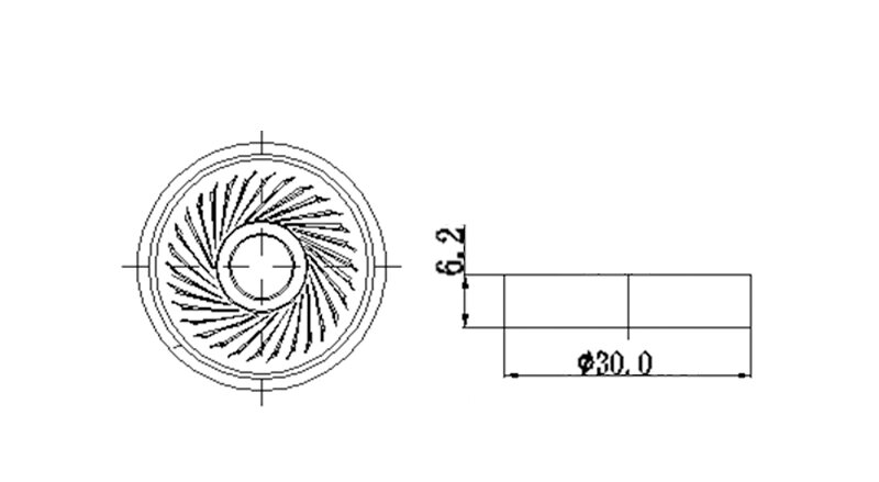 Boxed Loudspeaker Driver diameter 28mm (1.10"), height 6.2mm (0.24)", 8Ω 1W/1.5W - Dimensions (XDEC Cavity Speaker Driver)