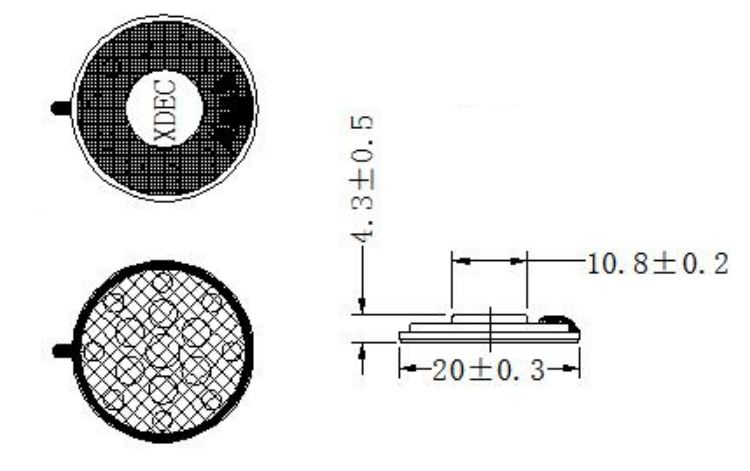 Headphone Speaker Driver diameter 20mm (0.79"), height 4.3mm (0.17)", 32Ω 20mW/30mW - Dimensions (XDEC Headphone Speaker Driver)