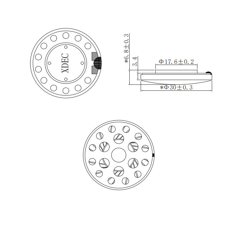 Headphone Speaker Unit diameter 30mm (1.18"), height 6.8mm (0.27)", 32Ω 20mW/30mW - Dimensions (XDEC Headphone Speaker Driver)