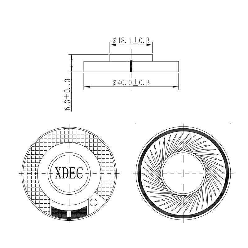 Headphone Driver Unit diameter 40mm (1.57"), height 6.3mm (0.25)", 32Ω 50mW/80mW - Dimensions (XDEC Headphone Speaker Driver)