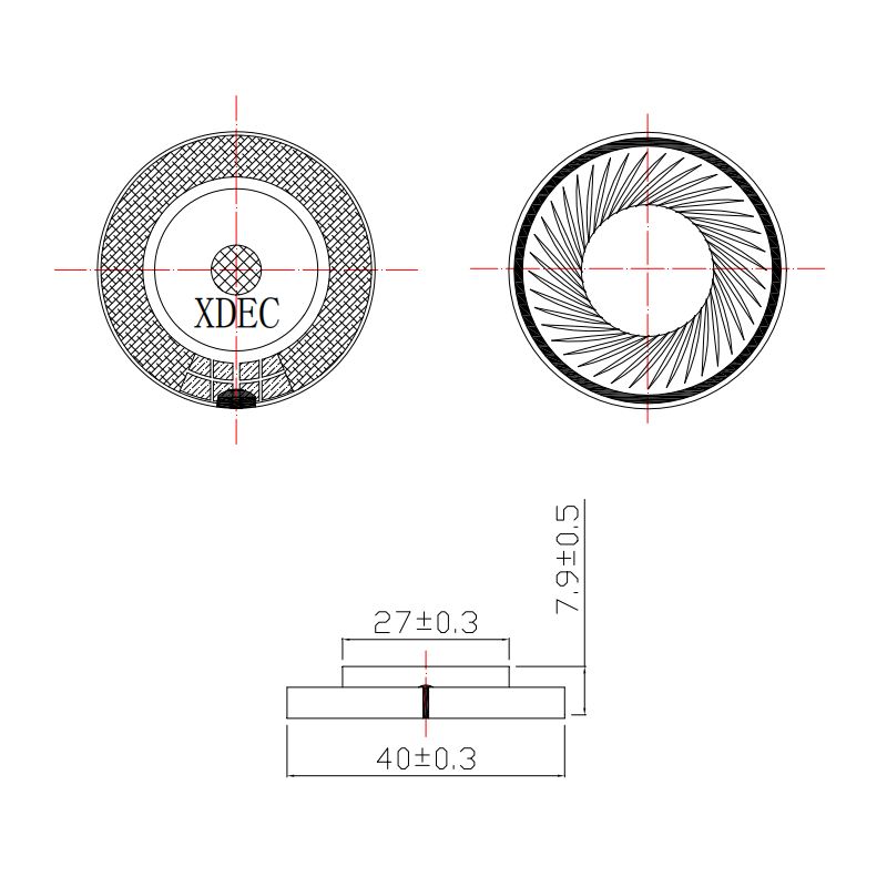 Headphone Speaker Unit diameter 40mm (1.57"), height 8.0mm (0.31)", 32Ω 30mW/50mW - Dimensions (XDEC Headphone Speaker Driver)