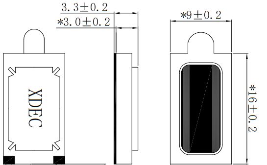 Slim Micro Speaker 16x9x3.3mm (0.63"x0.35"x0.13"), 8Ω 1W/1.2W - Dimensions (XDEC Micro Speaker Driver)