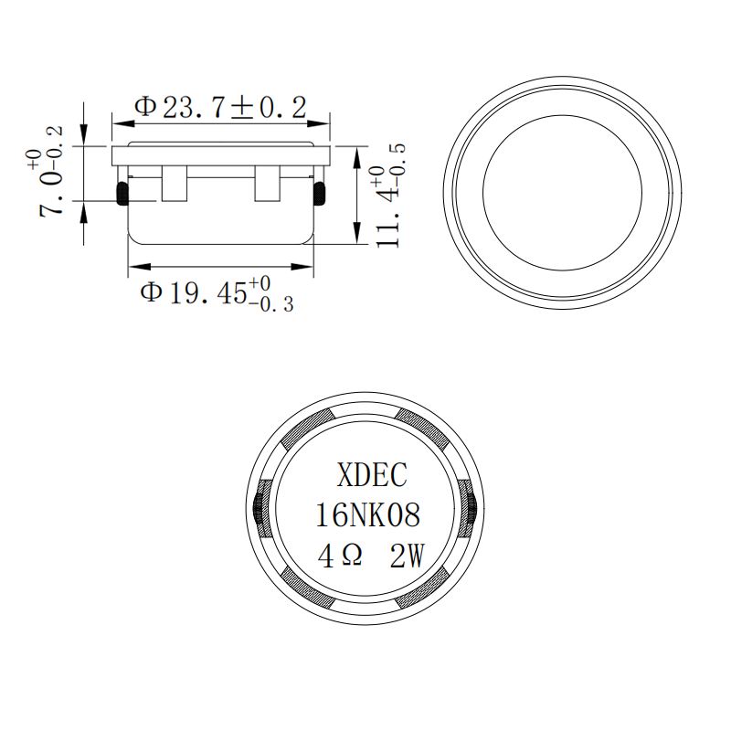 Internal Magnet Speaker Driver diameter 24mm (0.94"), height 12.0mm (0.47)", 4Ω 2W/2.5W - Dimensions (XDEC Multimedia Speaker Driver)