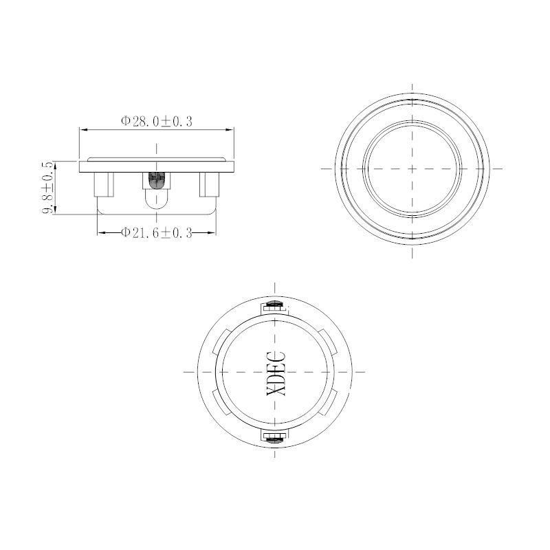 Multimedia Speaker Driver diameter 28mm (1.10"), height 11.6mm (0.46)", 4Ω 2W/3W - Dimensions (XDEC Multimedia Speaker Driver)