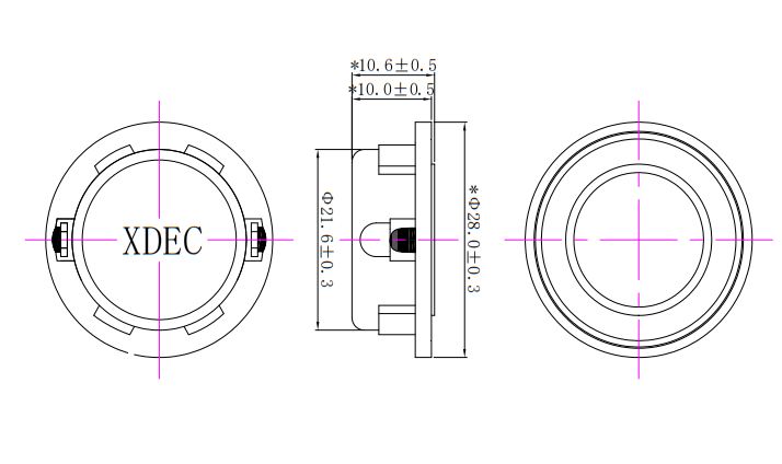 Internal Magnet Speaker Driver diameter 28mm (1.10"), height 10.6mm (0.42)", 8Ω 2W/3W - Dimensions (XDEC Multimedia Speaker Driver)