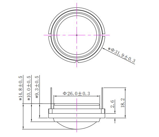 Multimedia Speaker Driver diameter 32mm (1.26"), height 14.8mm (0.58)", 8Ω 10W/15W - Dimensions (XDEC Multimedia Speaker Driver)