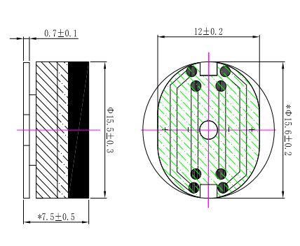 Sound Exciter diameter 16mm (0.63"), height 7.5mm (0.30)", 8Ω 1W/1.5W - Dimensions (XDEC Sound Exciter)