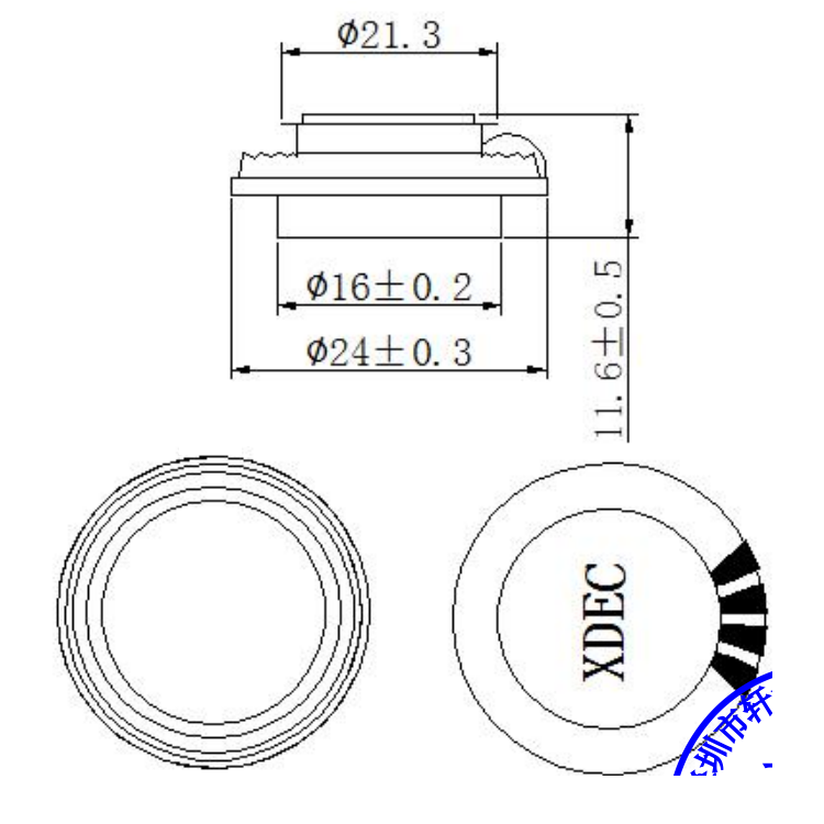Sound Exciter / Vibration Speaker diameter 24mm (0.94"), height 13.5mm (0.53"), 4Ω 2W/3W - Dimensions (XDEC Sound Exciter)