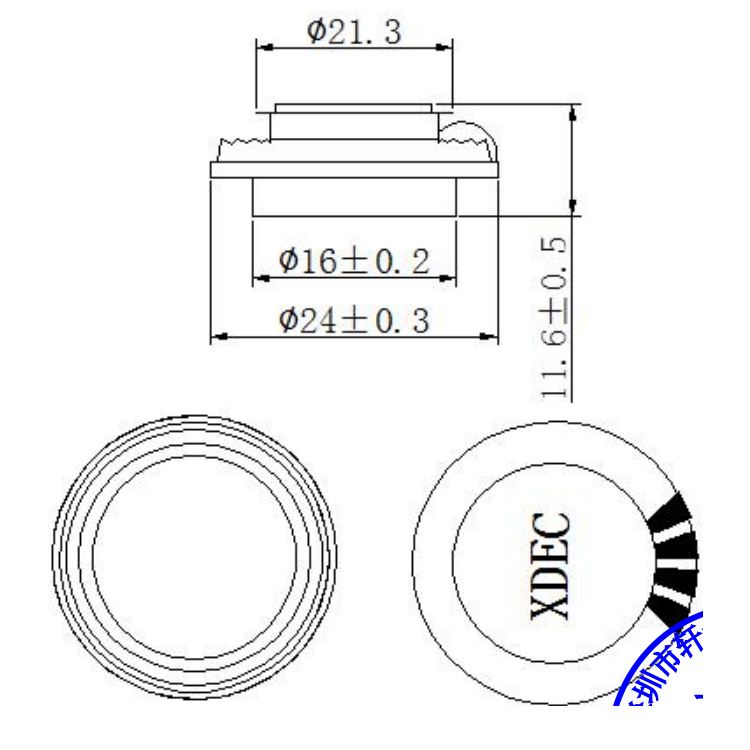 Sound Exciter diameter 24mm (0.94"), height 13.5mm (0.53)", 4Ω 2W/3W - Dimensions (XDEC Sound Exciter)