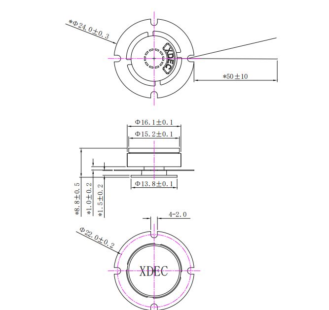 Vibration Speaker Driver diameter 24mm (0.94"), height 8.8mm (0.35)", 8Ω 1W/1.5W - Dimensions (XDEC Sound Exciter)
